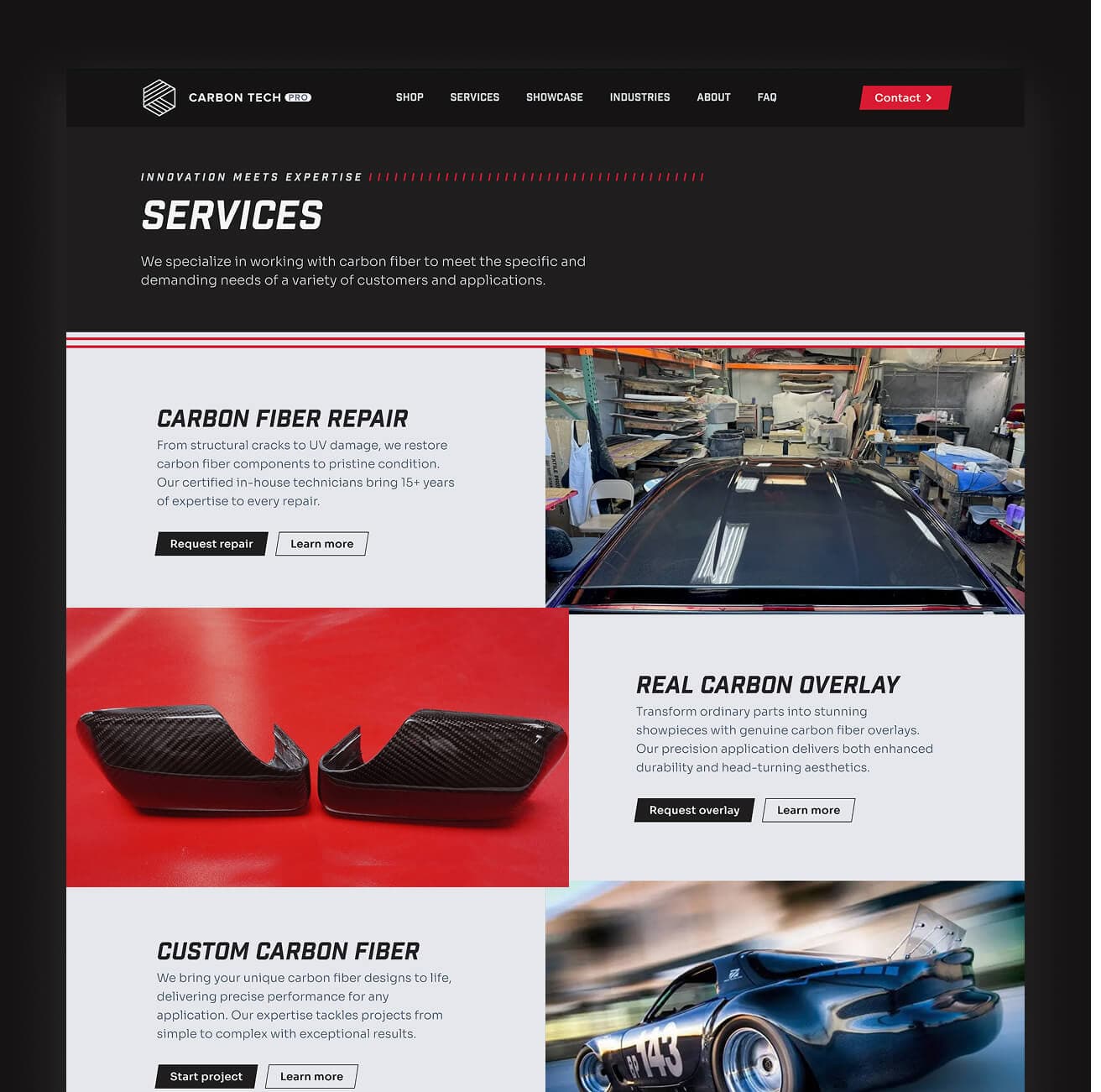 Carbon Tech website showing services including carbon fiber repair, overlays, and custom designs with supporting images.
